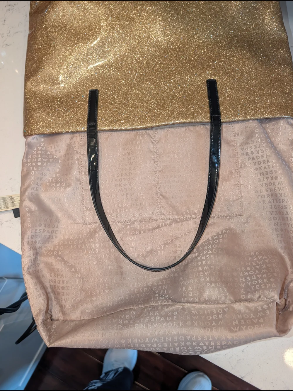 Kate Spade New York Bon Glitter Gold Tote with Patent Leather Handles